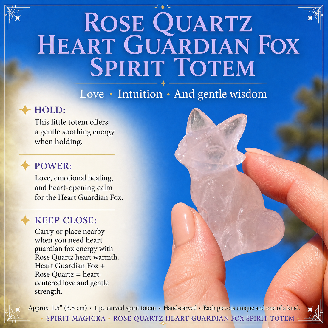 The rose quartz fox held between thumb and finger against a blue sky, with notes on holding and keeping it close