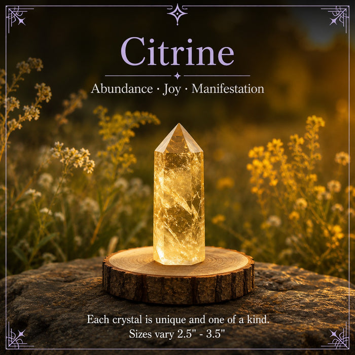 A golden citrine point on a wooden stand among wildflowers