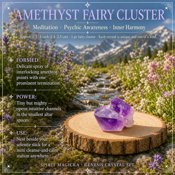 Small amethyst fairy cluster of interlocking purple points on a wood slice