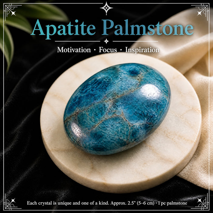 Glossy blue apatite palmstone on a stone plate