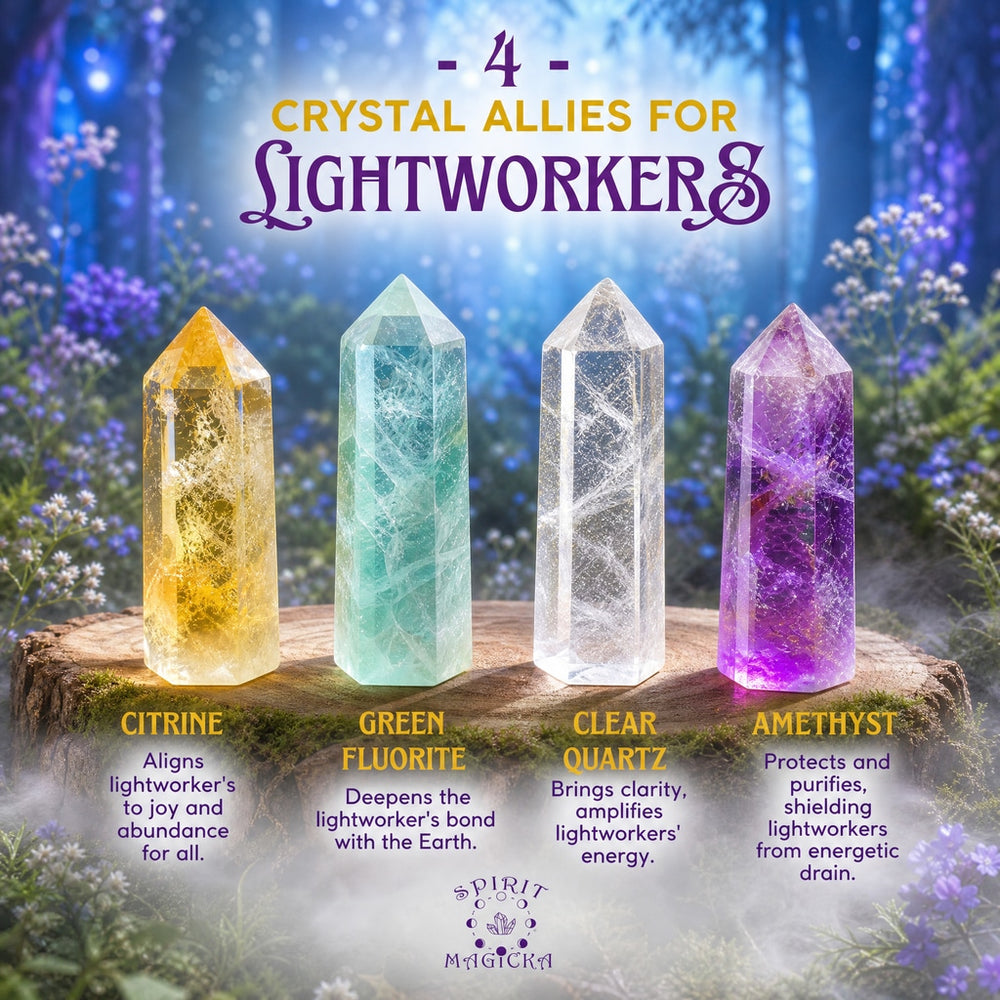 Citrine, green fluorite, clear quartz and amethyst points standing side by side on a wooden slice
