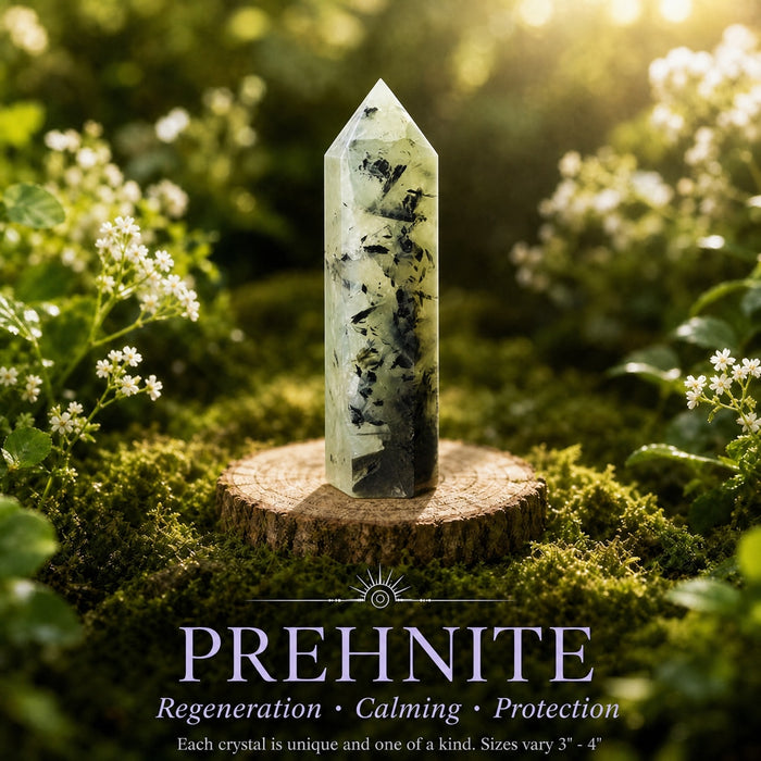 Pale green prehnite point with dark needle inclusions