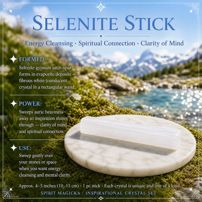 Milky white selenite stick lying on a marble disc