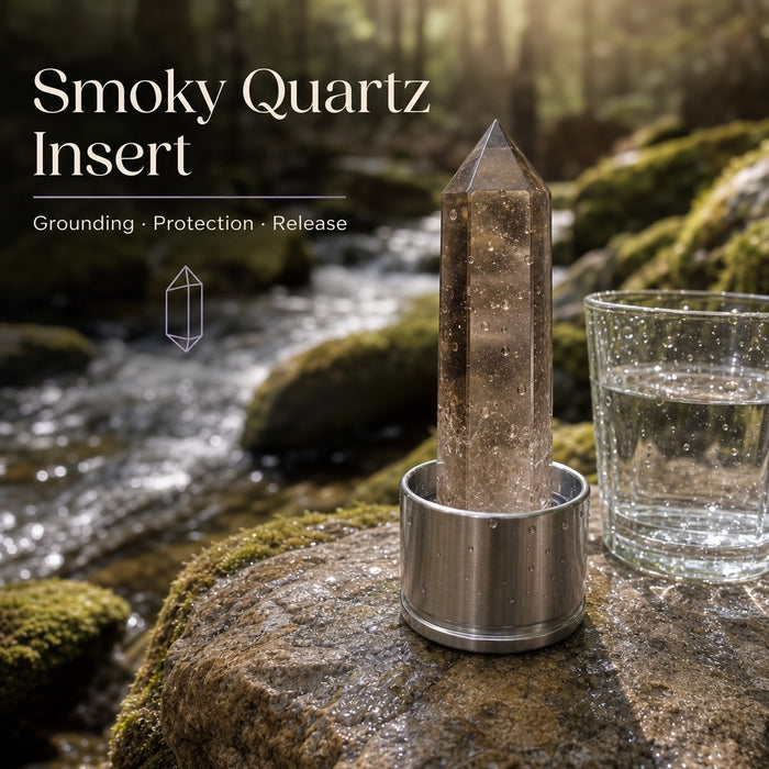 Smoky quartz insert on a mossy rock beside a forest stream