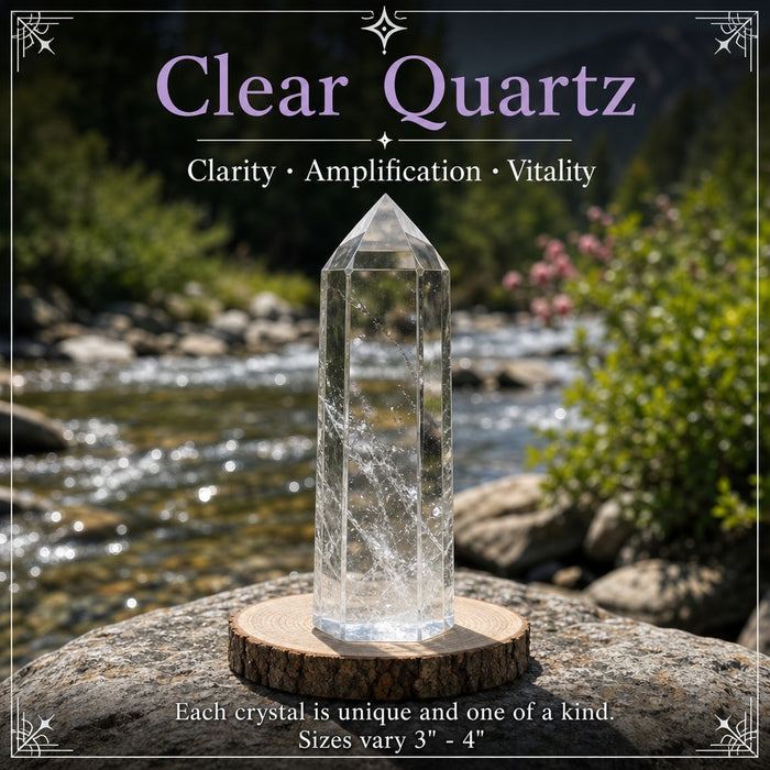A clear quartz point on a wooden stand beside a stream