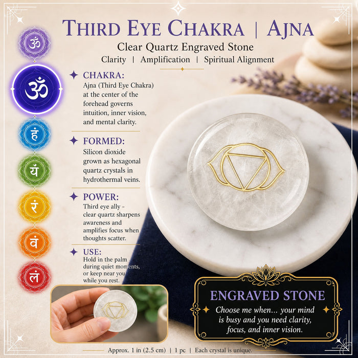 Clear quartz pancake stone engraved with the gold third eye chakra symbol