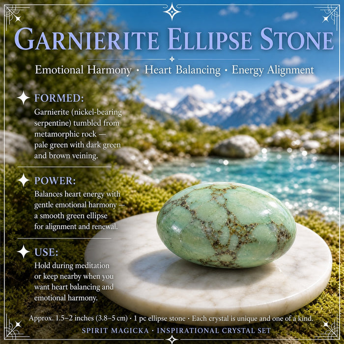 Pale green garnierite ellipse stone with dark veining on a marble disc