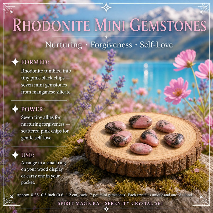 Seven tumbled rhodonite mini gemstones, pink with black markings, on a wood round
