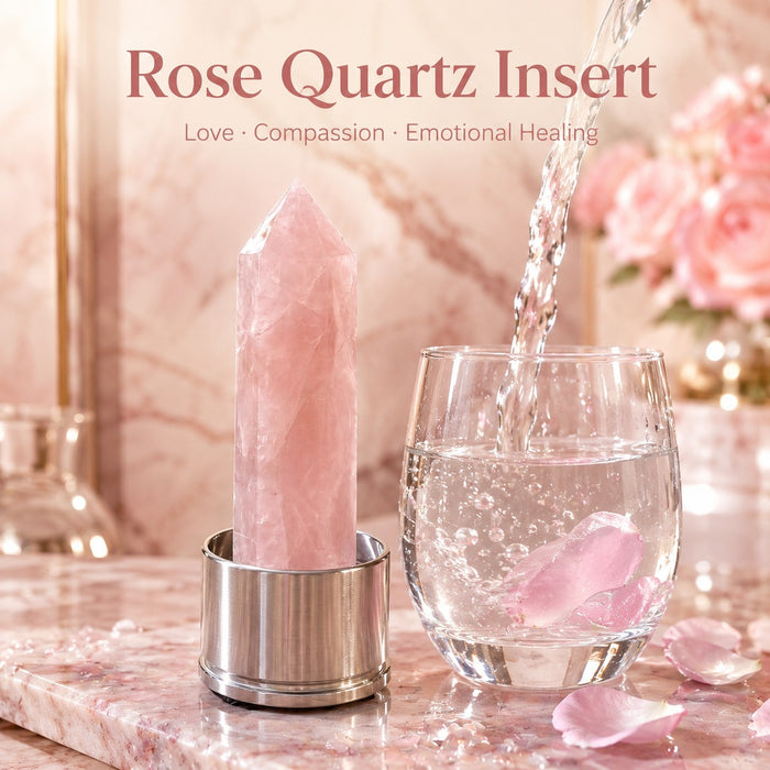 Rose quartz insert beside a glass of water with rose petals