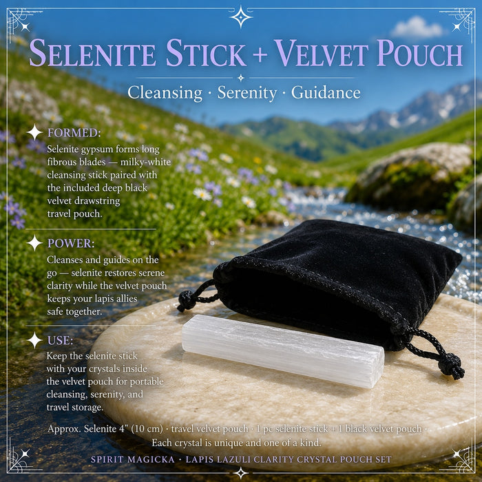 White selenite stick lying in front of the black velvet drawstring pouch