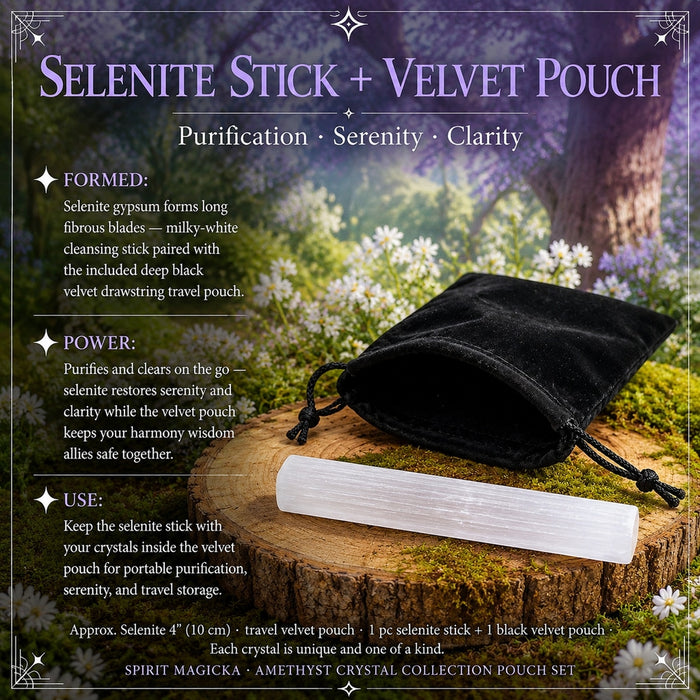White selenite stick in front of a black velvet drawstring pouch on a wood slice