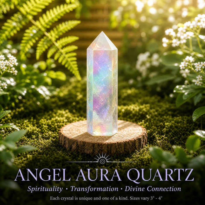 Angel aura quartz point with a pearly rainbow sheen