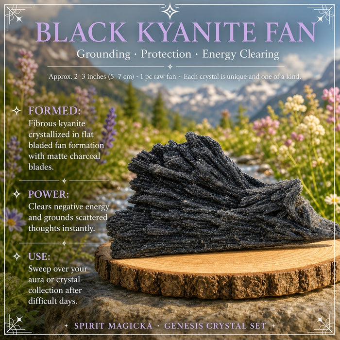 Black kyanite fan of matte charcoal blades on a wood slice