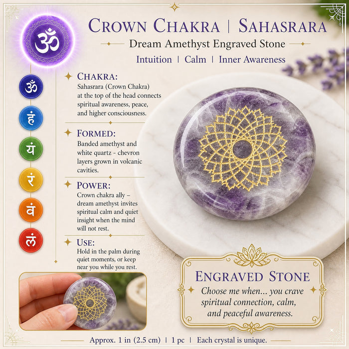 Dream amethyst pancake stone with purple and white chevron bands, engraved with the gold crown chakra symbol