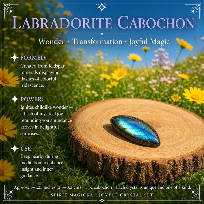 A polished labradorite cabochon flashing blue on a wooden slice