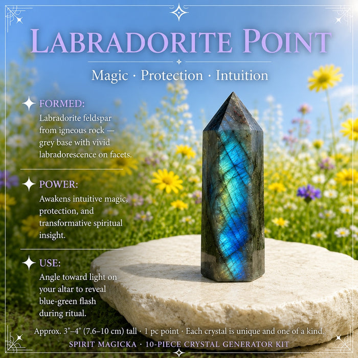 Labradorite point flashing blue and green on a stone in a meadow