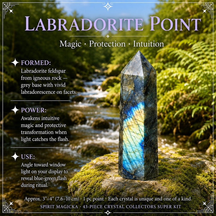 Labradorite crystal point flashing blue and gold