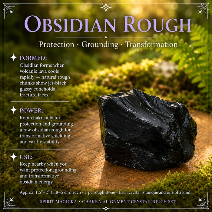 A rough glossy black obsidian stone on a wood round