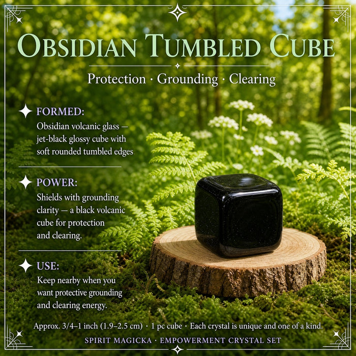 A glossy jet-black obsidian tumbled cube on a wood slice