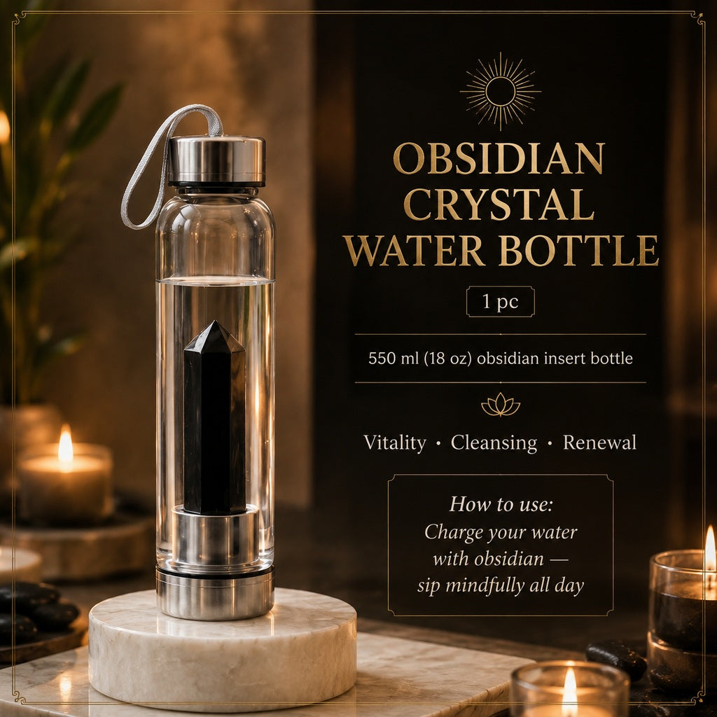 The obsidian crystal water bottle: a glass bottle with a steel lid and carry loop, an obsidian point standing on its insert