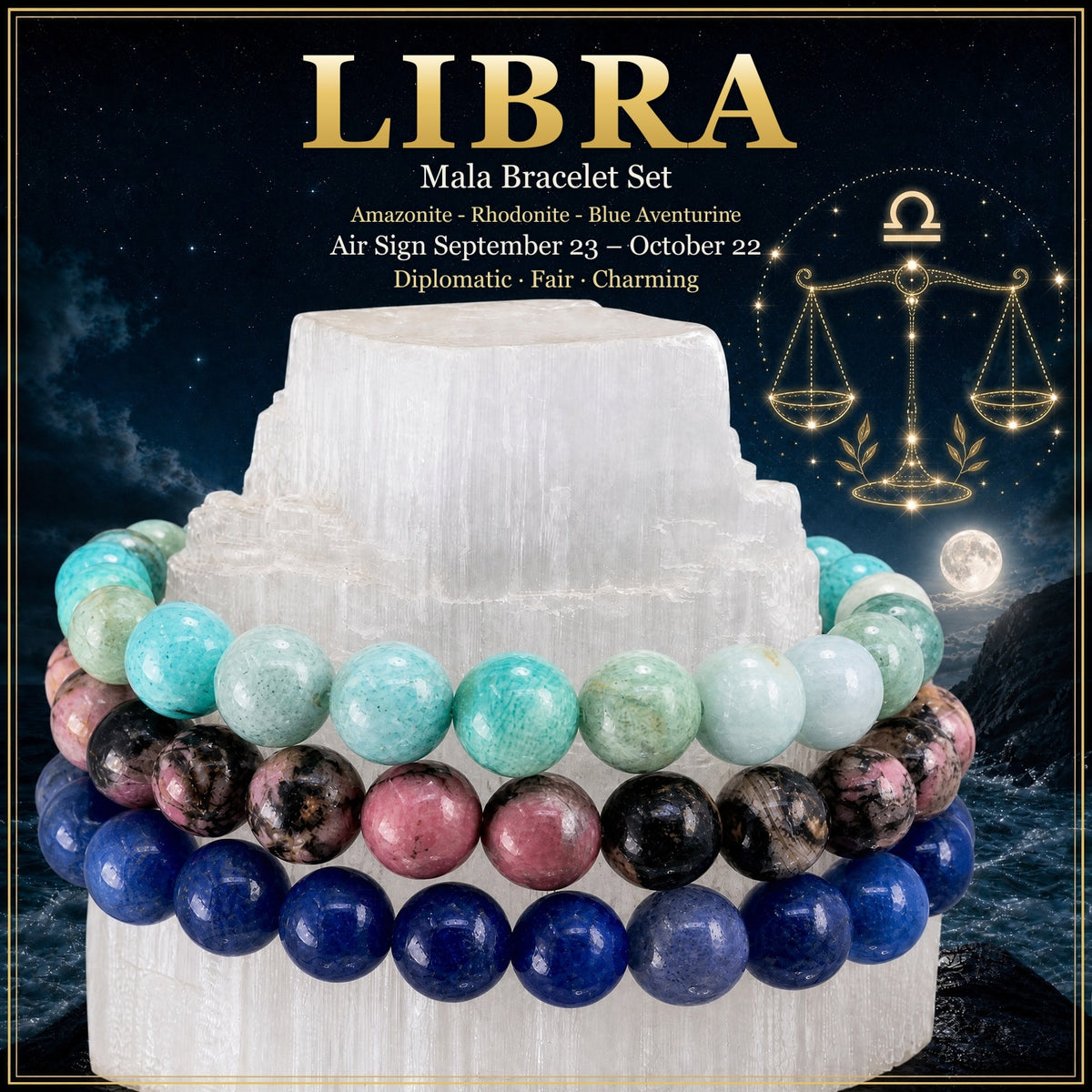 ♎ Balance - 23 septembre au 22 octobre - Ensemble de bracelets en cristal d'astrologie du zodiaque