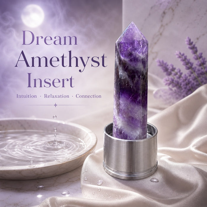 Dream amethyst insert with purple and white chevron bands on draped satin