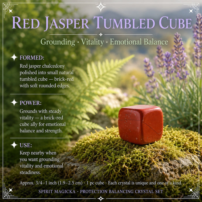 Small brick-red red jasper cube with soft rounded edges on a mossy rock