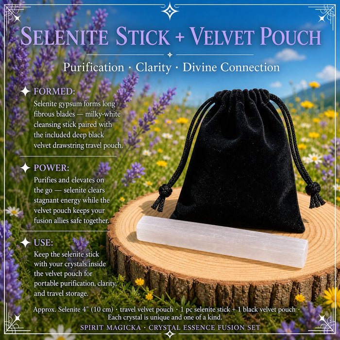Milky white selenite stick in front of the black velvet drawstring pouch