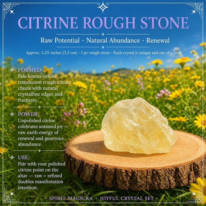 A rough, translucent pale yellow citrine chunk on a wooden slice