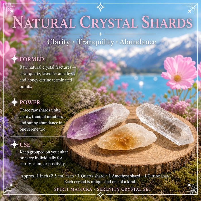 Three raw shards on a wood round: purple amethyst, honey citrine and clear quartz