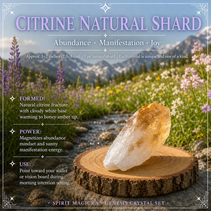 Citrine shard with a cloudy white base warming to a honey-amber tip on a wood slice