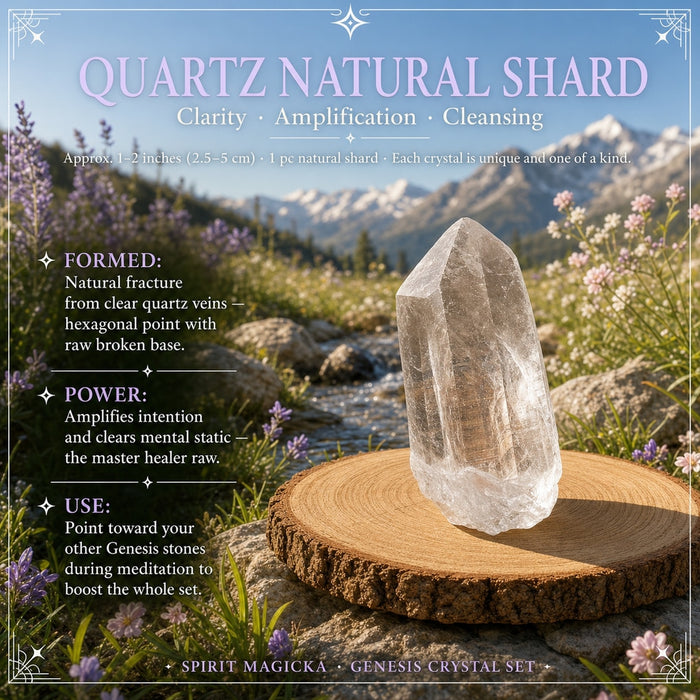 Clear quartz shard standing upright with a six-sided point on a wood slice
