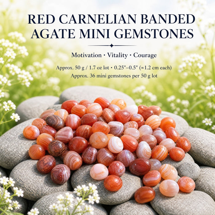 A scoop of small red and orange banded carnelian agate mini gemstones