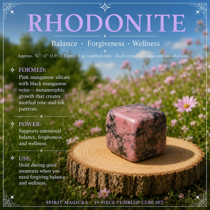 Rhodonite tumbled cube on a wooden round in a wildflower meadow