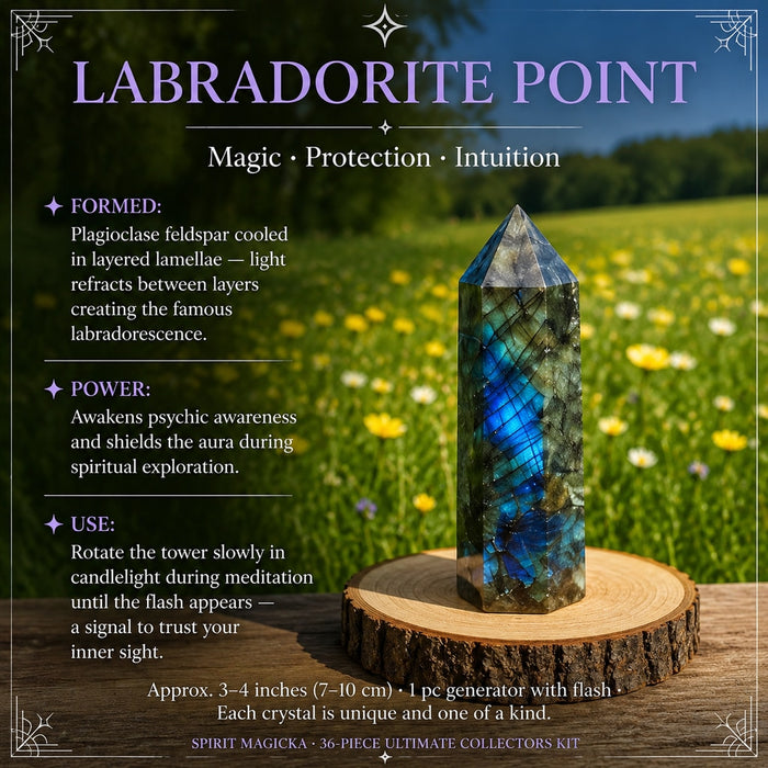 Labradorite crystal point with blue flash