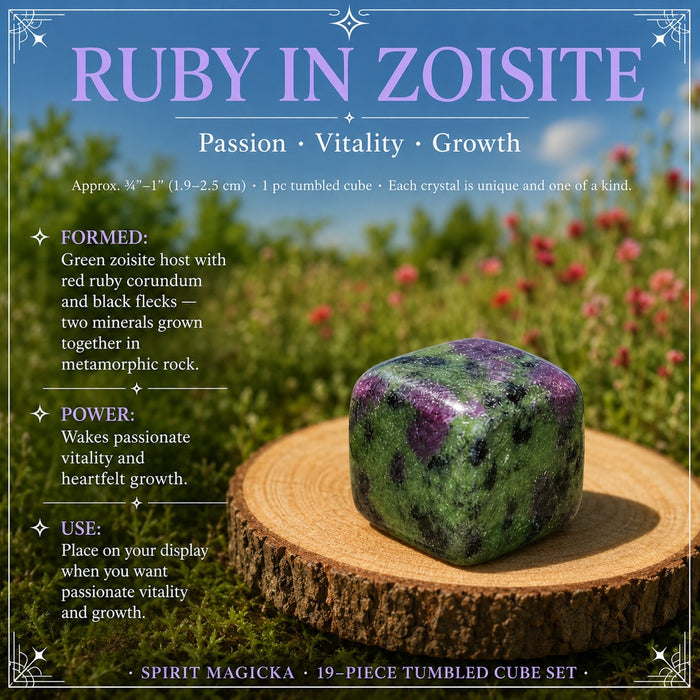 Ruby in Zoisite tumbled cube on a wooden round in a wildflower meadow