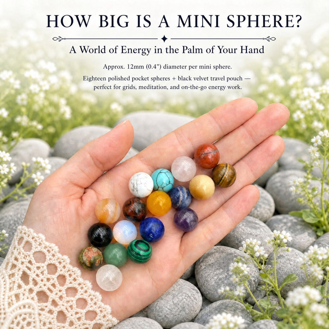 An open hand holding all eighteen mini crystal spheres in its palm
