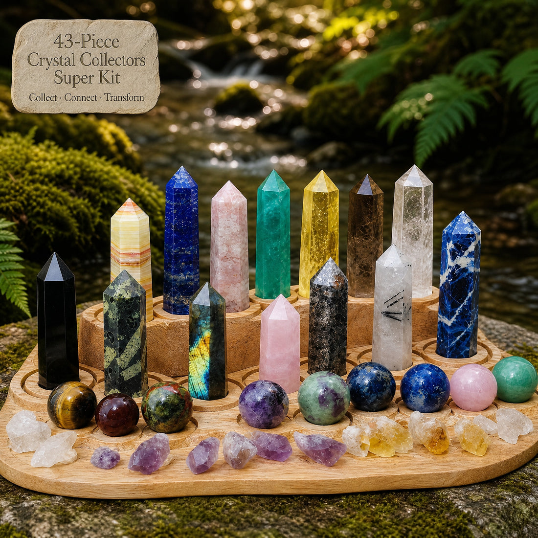 The full kit of crystal points, mini spheres and raw citrine, amethyst and quartz shards arranged on a wooden tray beside a forest stream