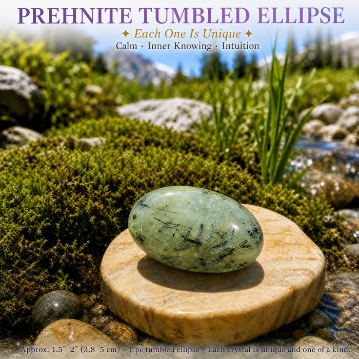 Green prehnite tumbled stone with dark needle inclusions