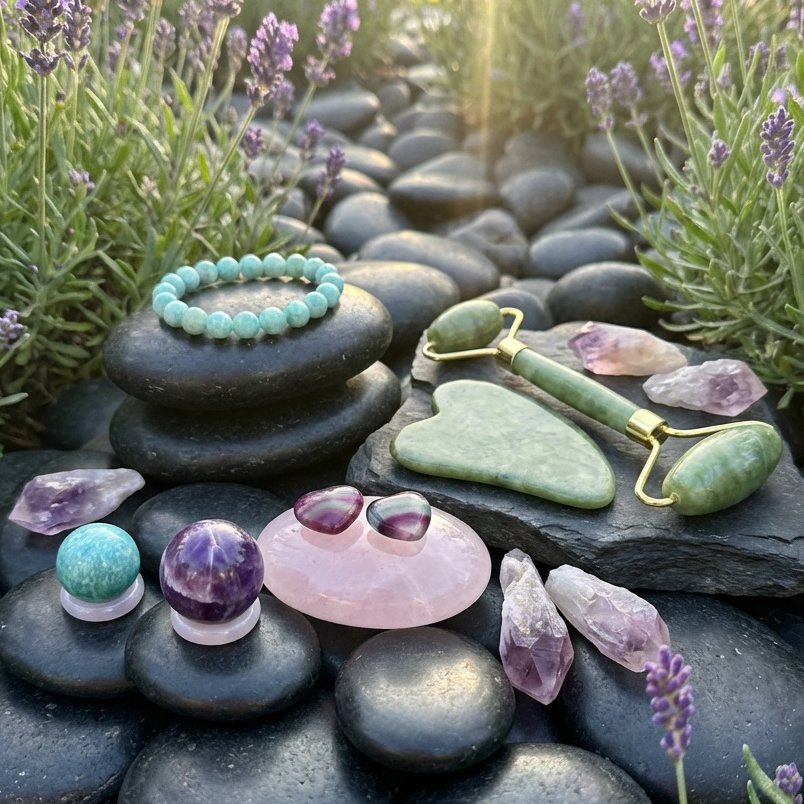 The full ritual set arranged on dark river stones with lavender: jade roller and gua sha, amazonite bracelet, pink calcite palmstone, small spheres on pink agate rings, and amethyst crystals