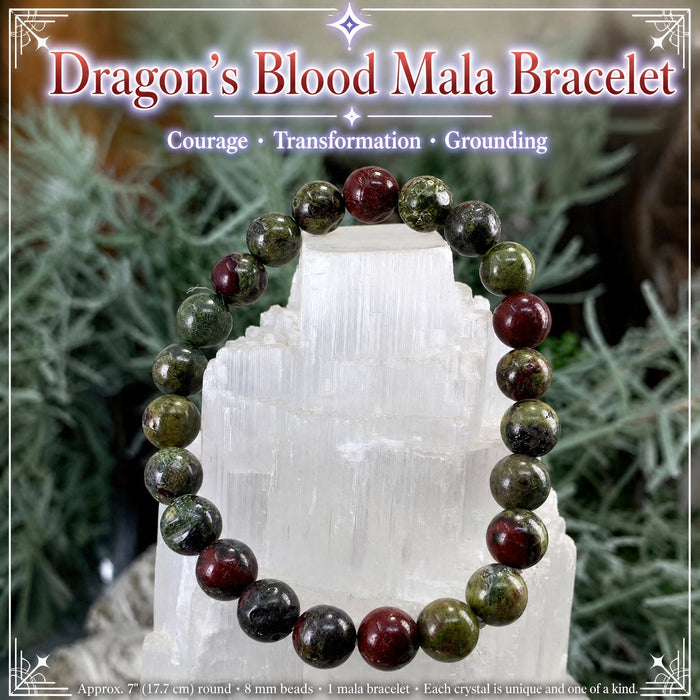 Dragon's blood stone mala bracelet on a selenite tower