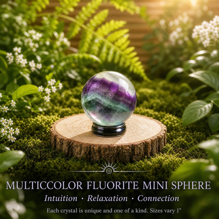 Multicolor fluorite mini sphere banded in purple and green