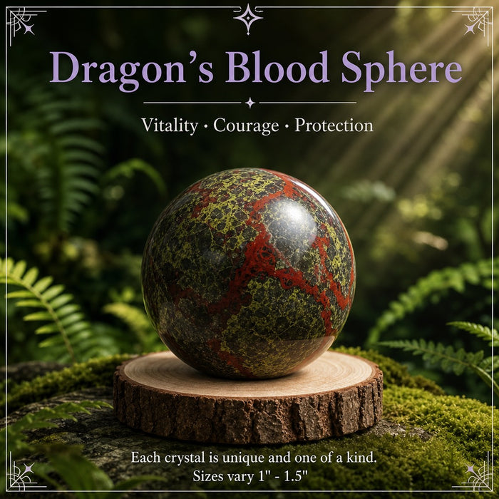 A green and red dragons blood jasper sphere on a wooden stand among ferns