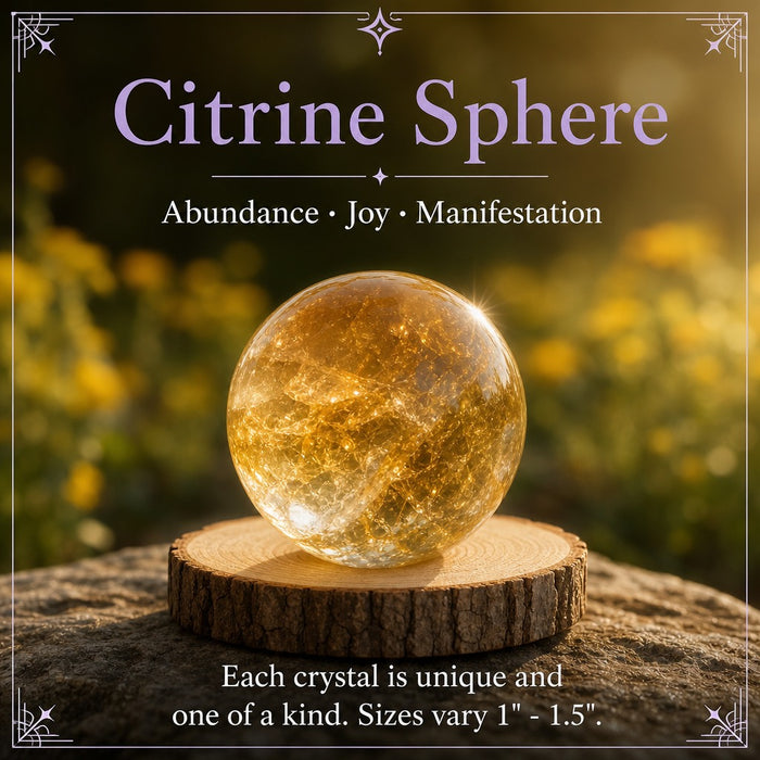A golden citrine sphere on a wooden stand