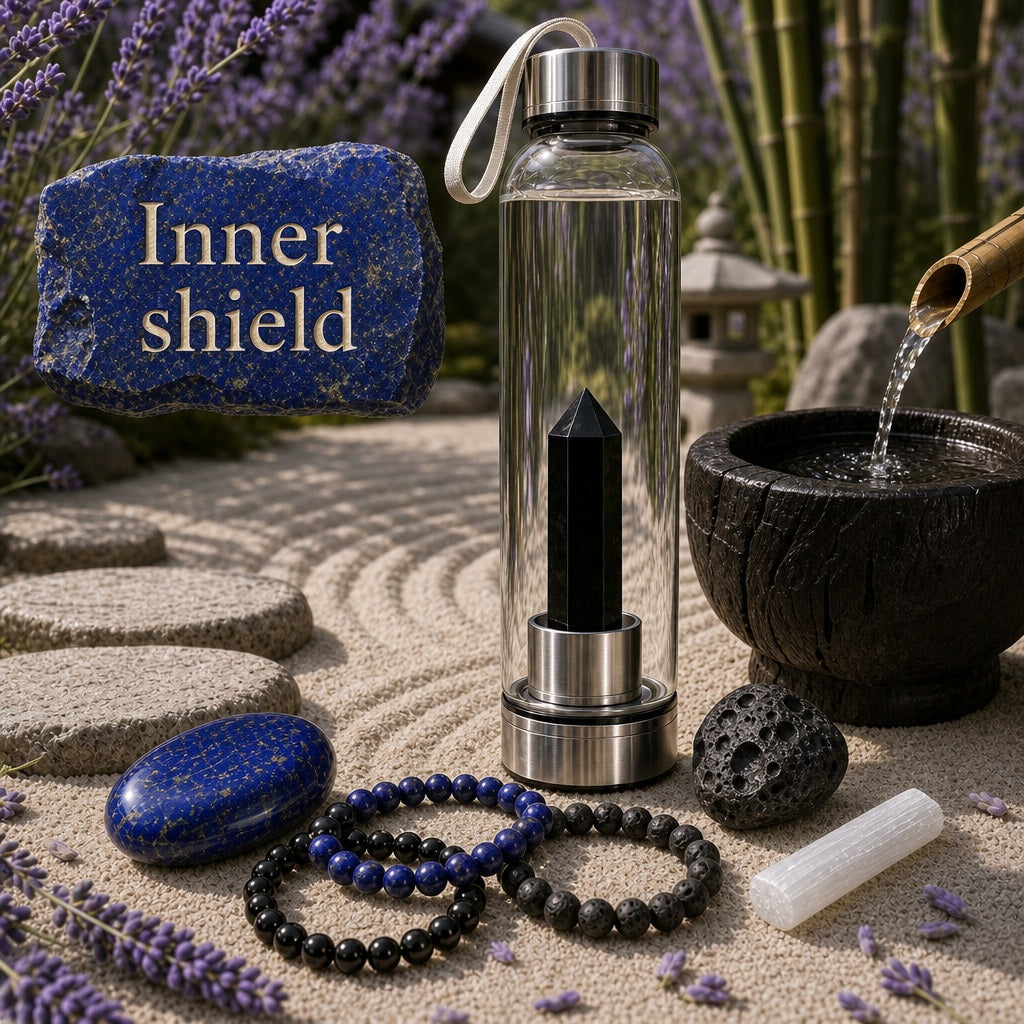 The full Inner Shield set on raked sand: obsidian point water bottle, lapis lazuli palmstone, obsidian, lapis lazuli and lava stone bead bracelets, a black tektite and a white selenite stick