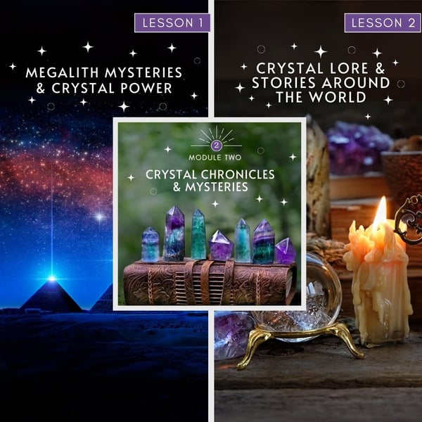 Module 2 lesson collage: a glowing pyramid under the stars, candles and a row of colorful crystals on old books