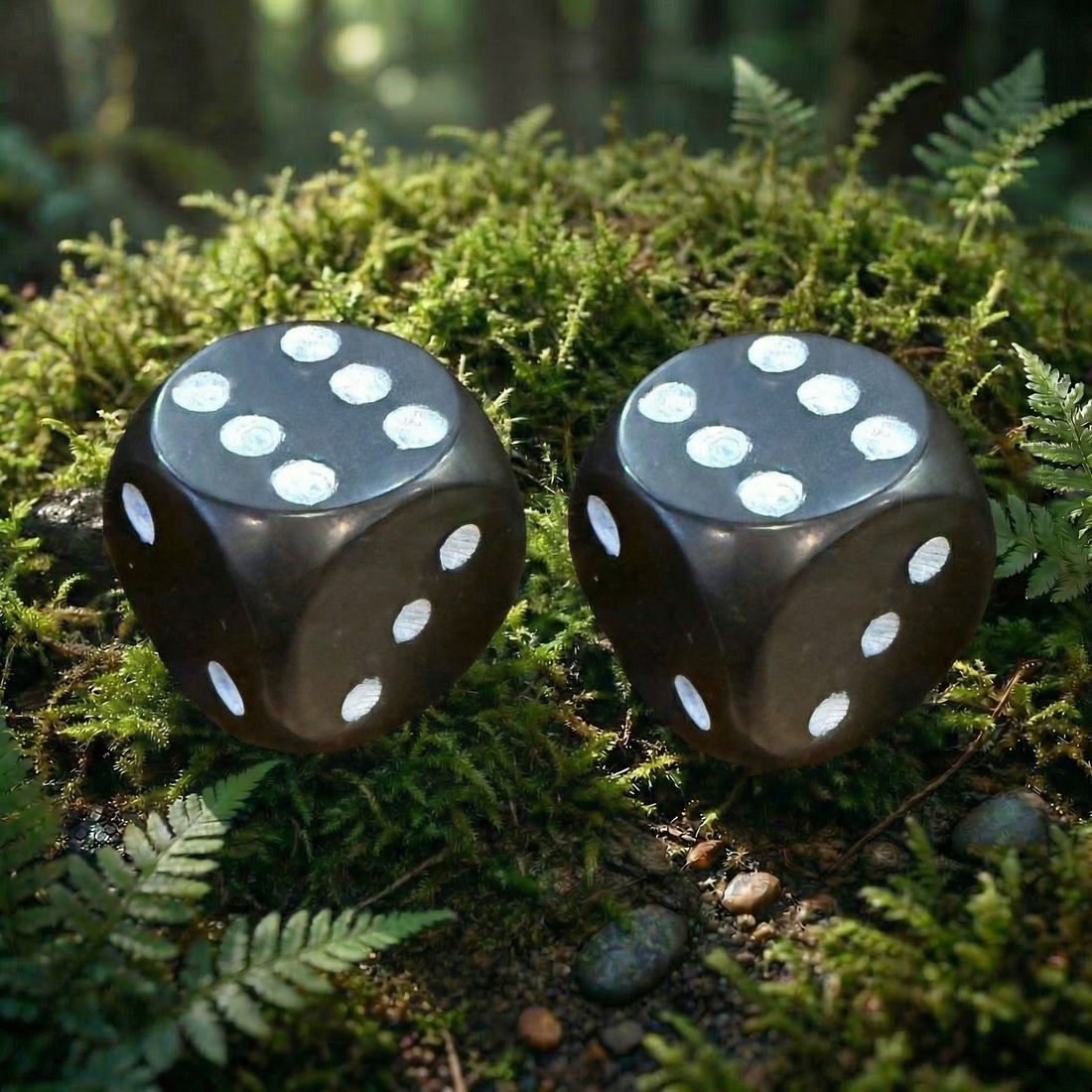 Two polished black agate dice with white pips resting on moss among ferns