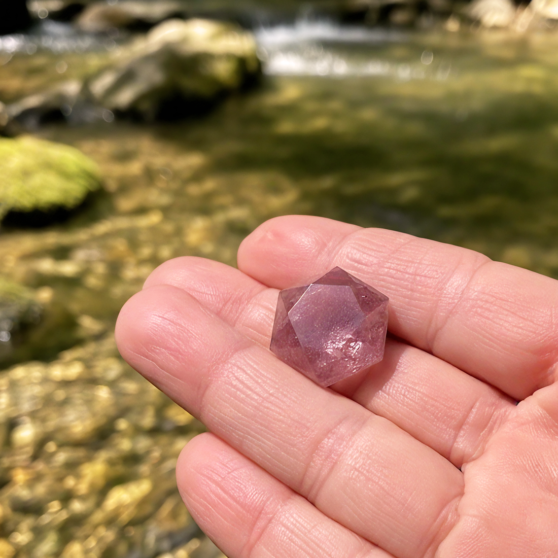 The faceted strawberry quartz resting on the fingers of an open hand beside a stream