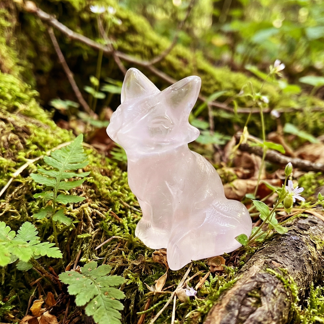 A soft pink rose quartz fox totem sitting upright with pointed ears on a mossy forest floor among ferns