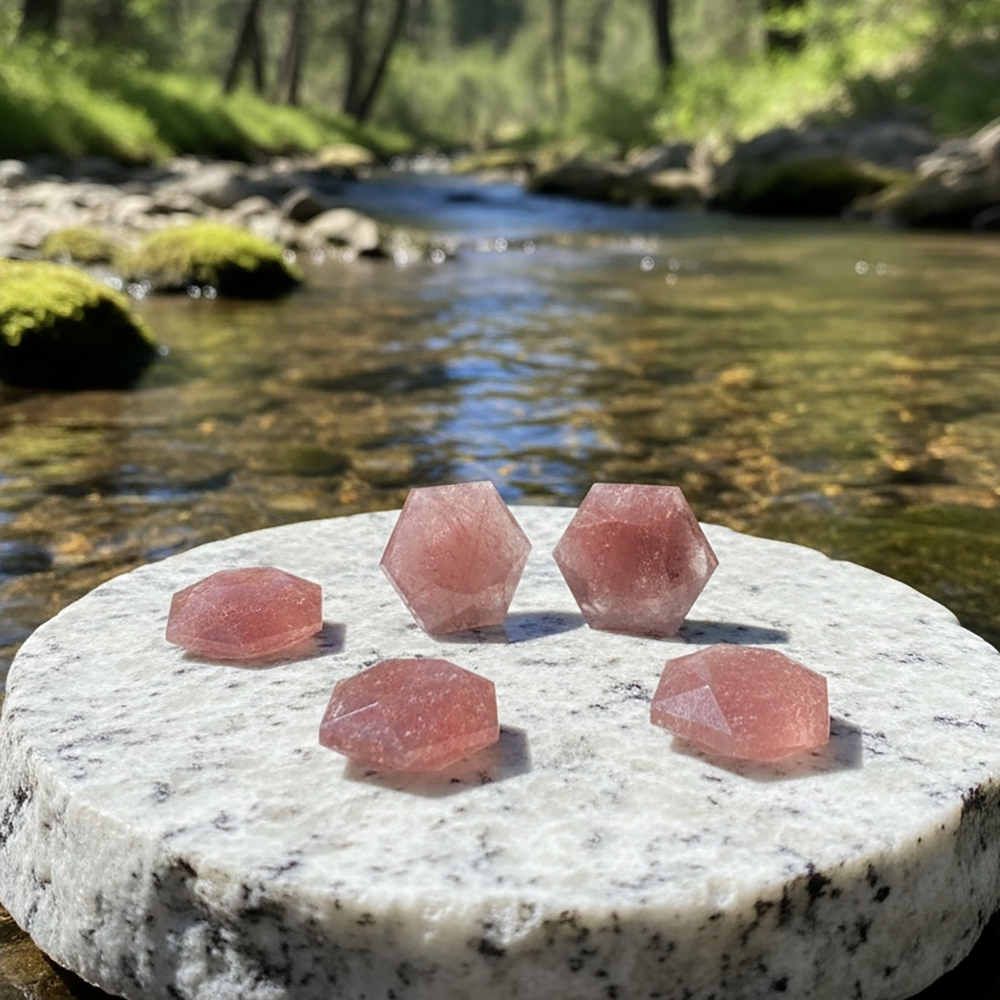 Five faceted strawberry quartz crystals on a granite slab, each a slightly different shade of pink